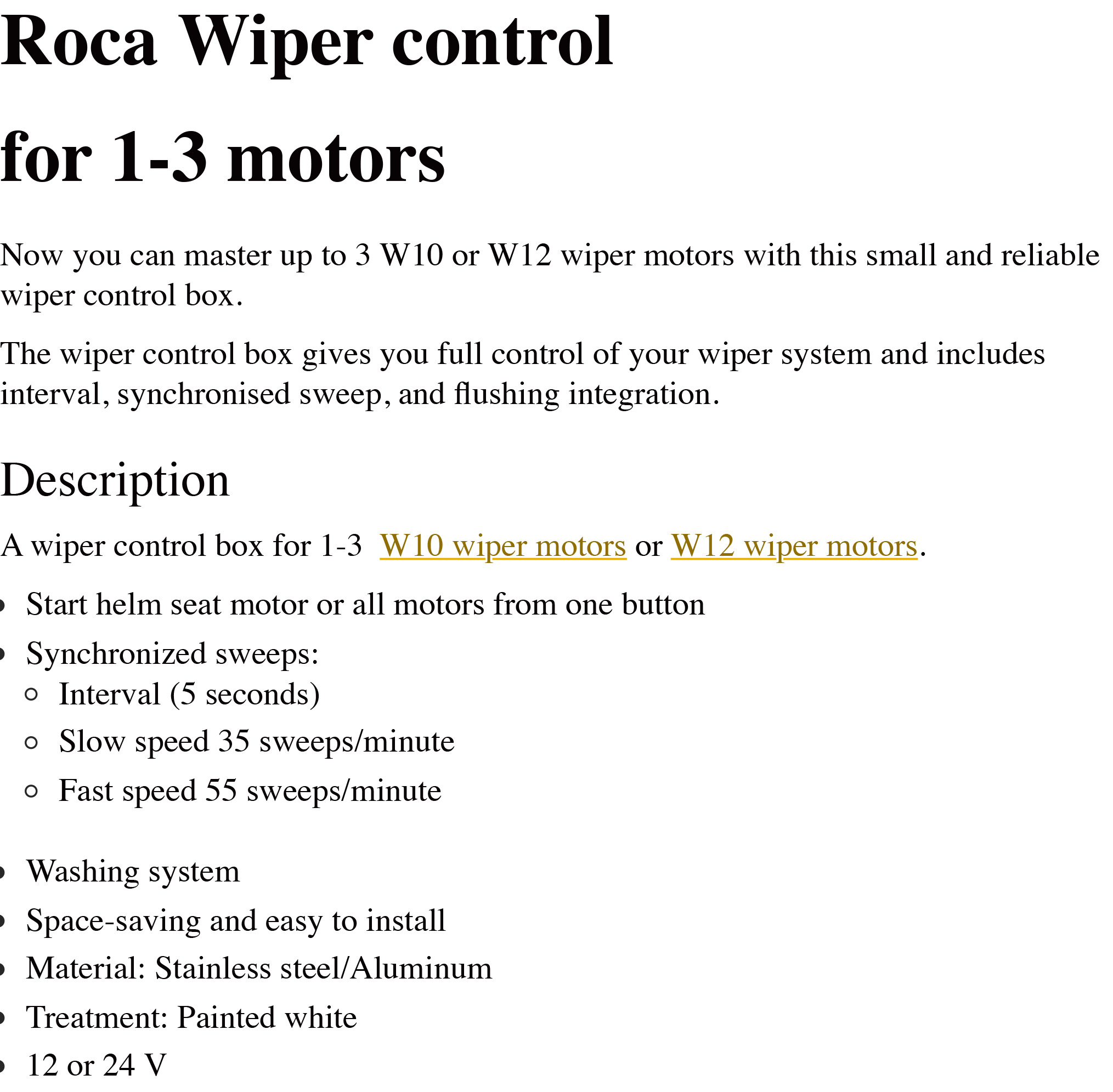 Roca Windscreen Wiper Control for W10/12 (1 to 3 motors)